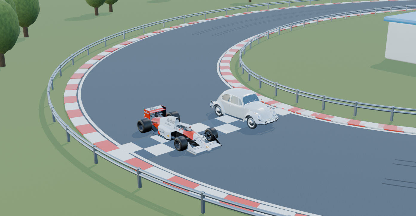 Prévia de Era Racing criada no Blender, com um carro clássico e um Fórmula 1 alinhados em uma pista 3D